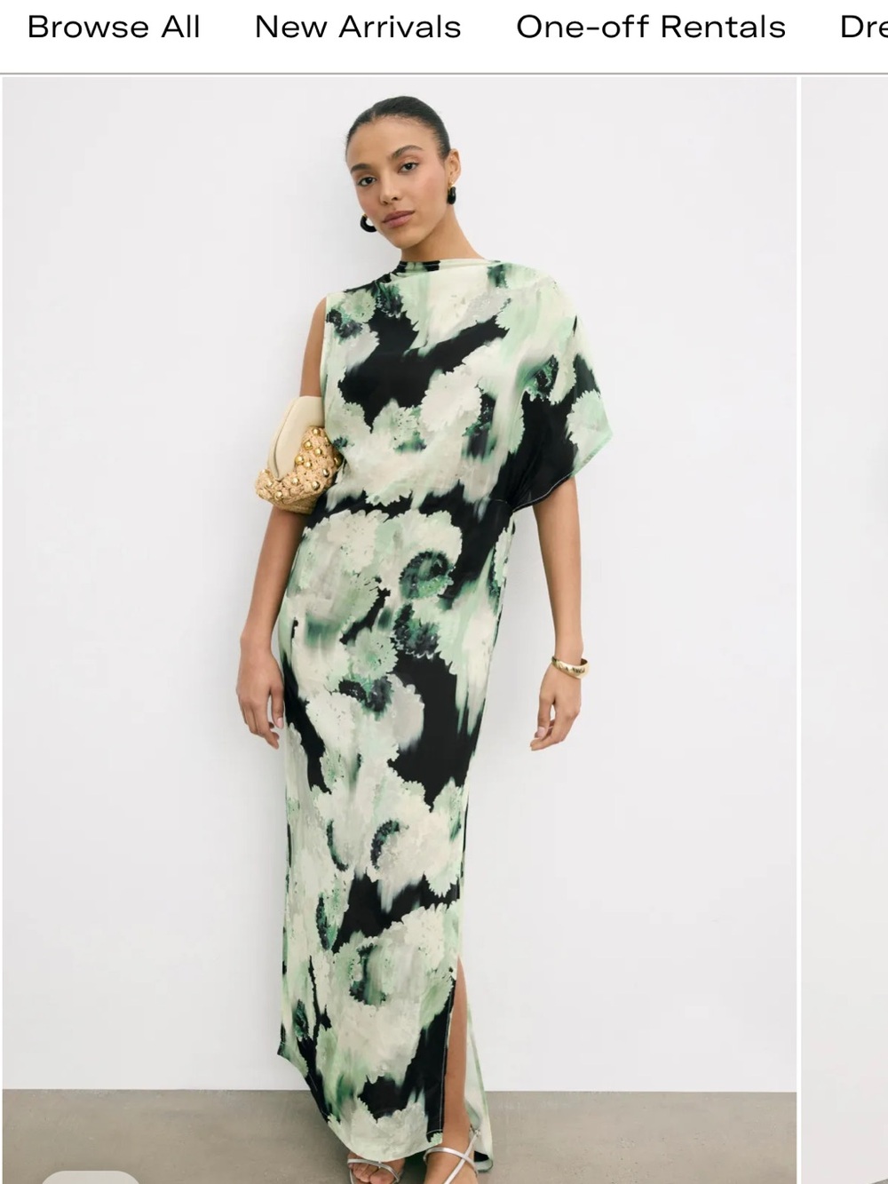 One-Shoulder Green & Black Watercolor Maxi Dress